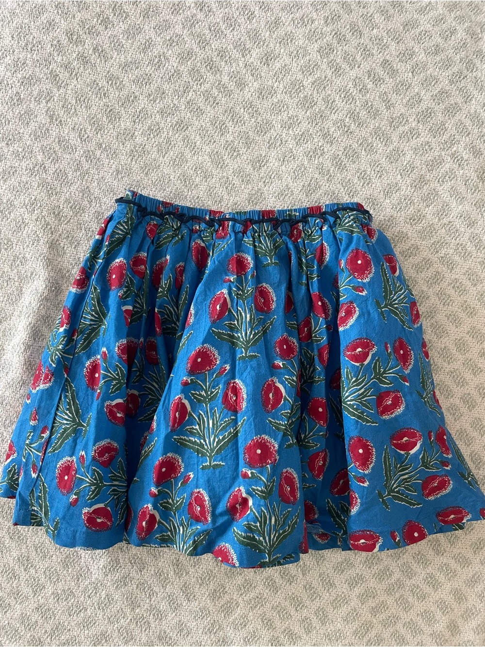 Pink Chicken Blue Floral Circle Skirt with Red Blooms